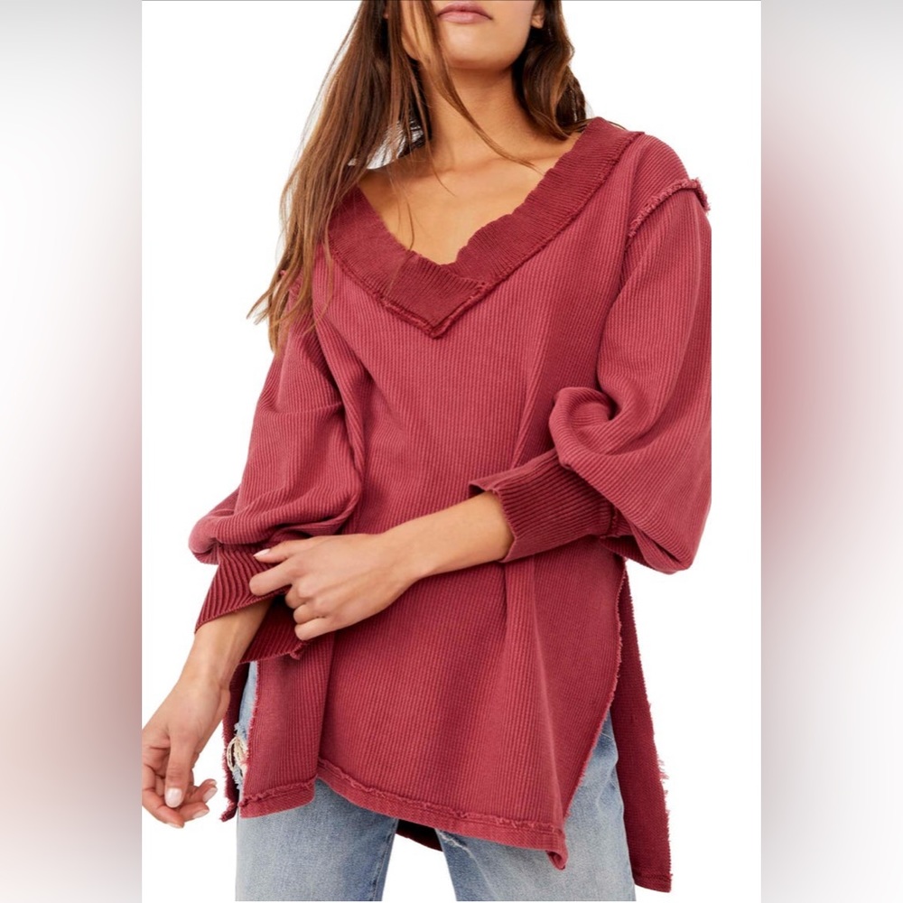 Free People Asher Thermal Knit V-Neck VGC Sz M Stolen Kiss (Red)